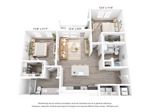 Floor plan for 2 beds, 2 baths, 1004 sqft